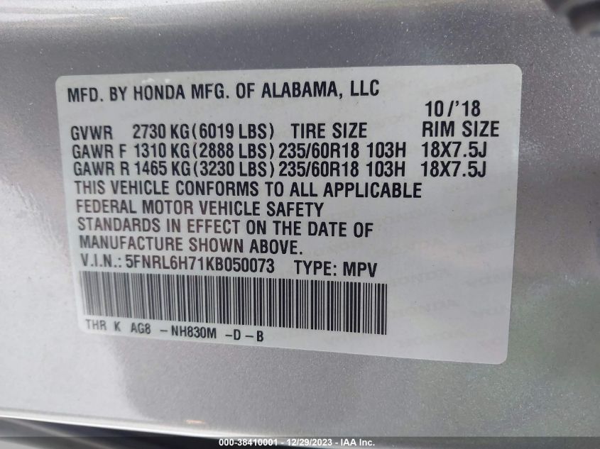 5FNRL6H71KB050073 2019 HONDA ODYSSEY, photo no. 9