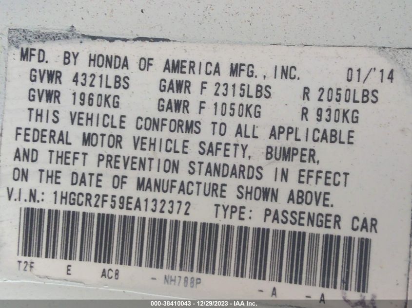 1HGCR2F59EA132372 | 2014 HONDA ACCORD