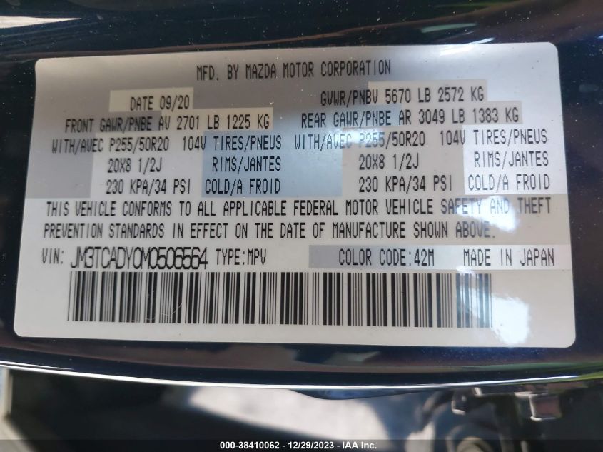 VIN JM3TCADY0M0506564 2021 MAZDA CX-9 GRAND TOURING