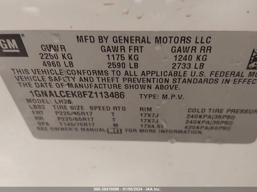 2015 CHEVROLET EQUINOX 2LT - 1GNALCEK8FZ113486