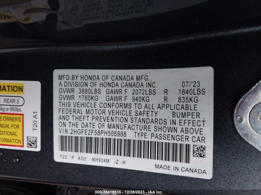 VIN 2HGFE2F58PH566988 2023 HONDA CIVIC SPORT