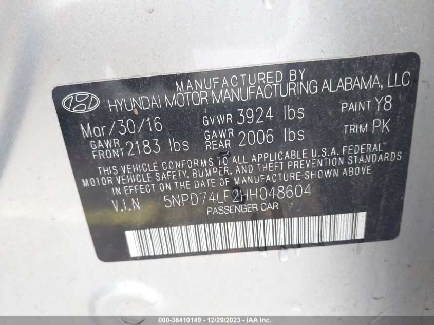 2017 HYUNDAI ELANTRA SE - 5NPD74LF2HH048604