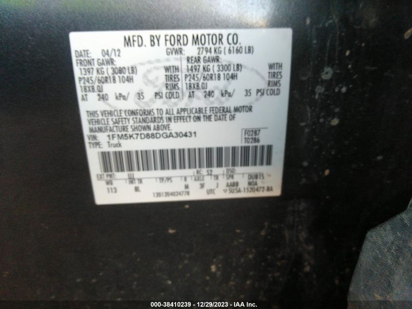 2013 FORD EXPLORER XLT - 1FM5K7D88DGA30431