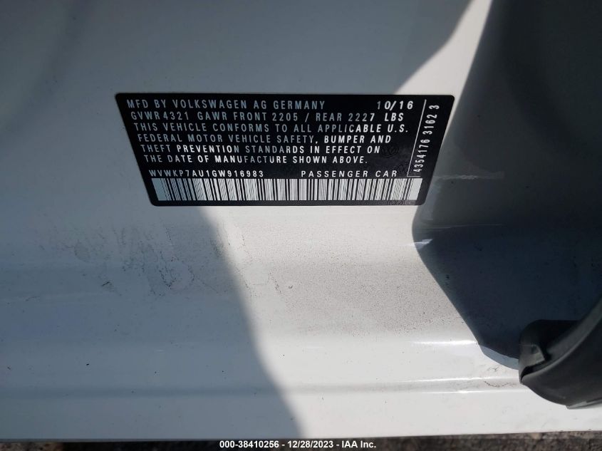 2016 VOLKSWAGEN E-GOLF SE - WVWKP7AU1GW916983