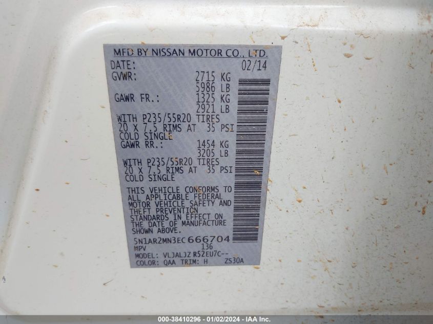 2014 NISSAN PATHFINDER PLATINUM - 5N1AR2MN3EC666704