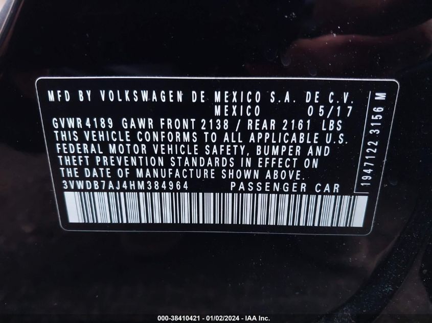 2017 VOLKSWAGEN JETTA SE - 3VWDB7AJ4HM384964