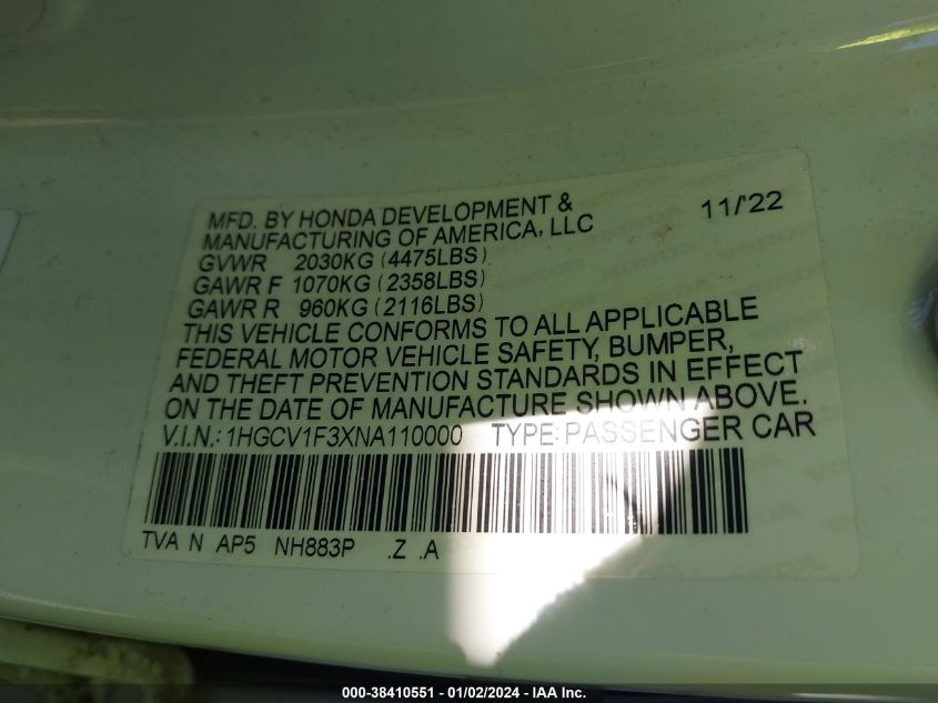 2022 HONDA ACCORD SPORT - 1HGCV1F3XNA110000