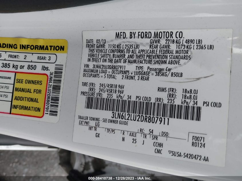 2013 LINCOLN MKZ HYBRID 3LN6L2LU2DR807911