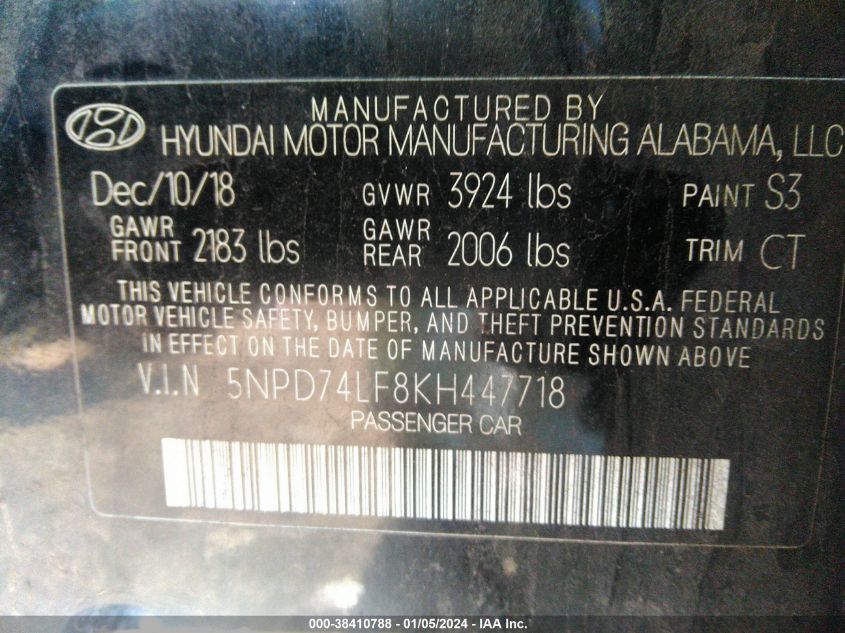 2019 HYUNDAI ELANTRA SE - 5NPD74LF8KH447718