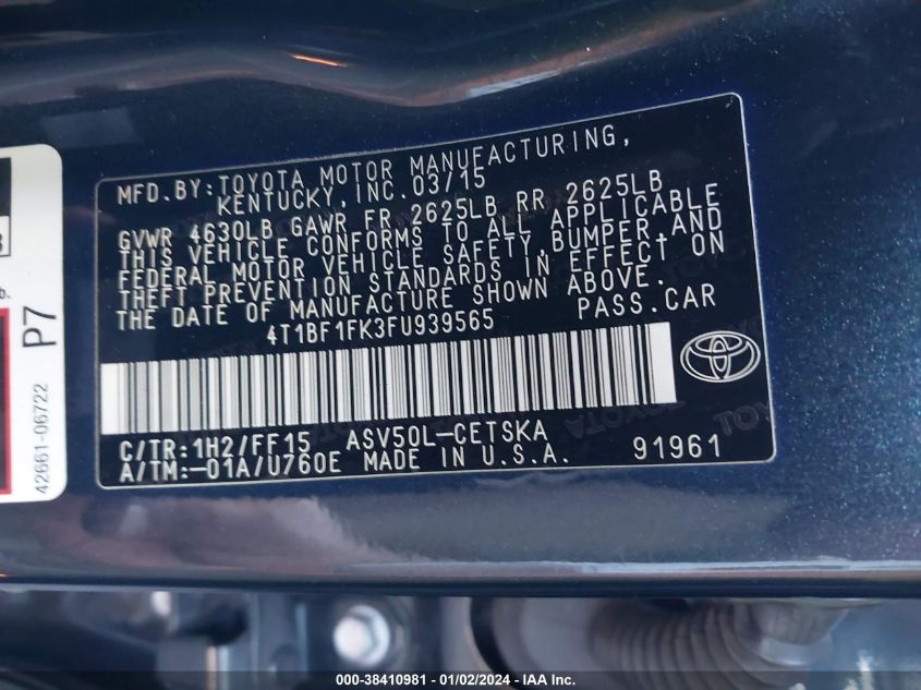 2015 TOYOTA CAMRY SE - 4T1BF1FK3FU939565