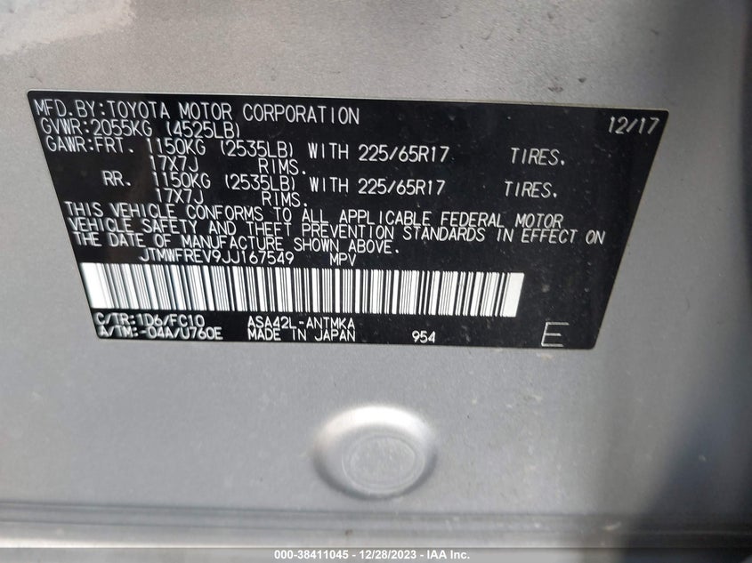 VIN JTMWFREV9JJ167549 2018 TOYOTA RAV4 ADVENTURE/XLE