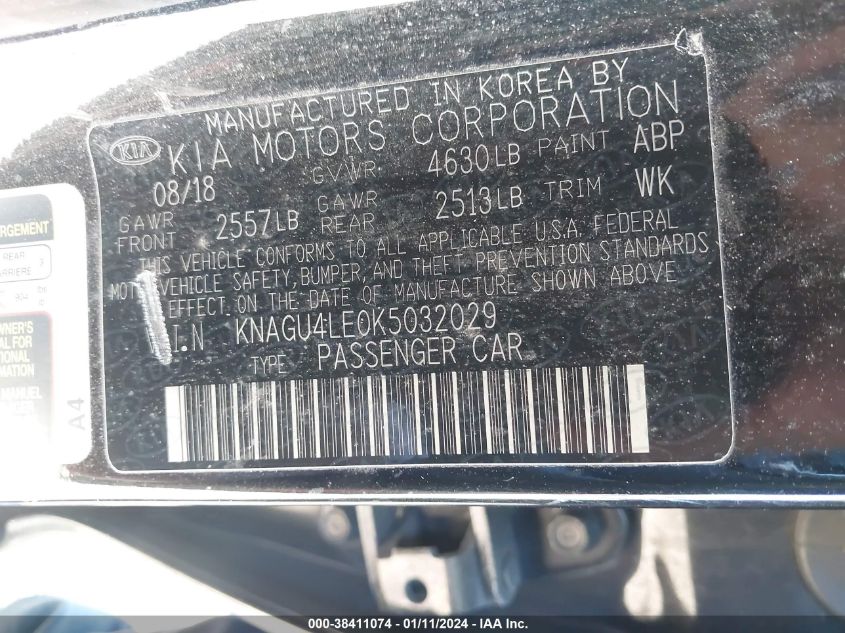 VIN KNAGU4LE0K5032029 2019 KIA OPTIMA HYBRID EX