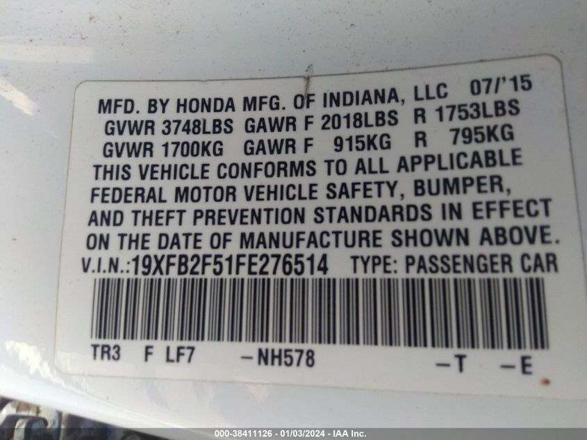 2015 HONDA CIVIC LX - 19XFB2F51FE276514