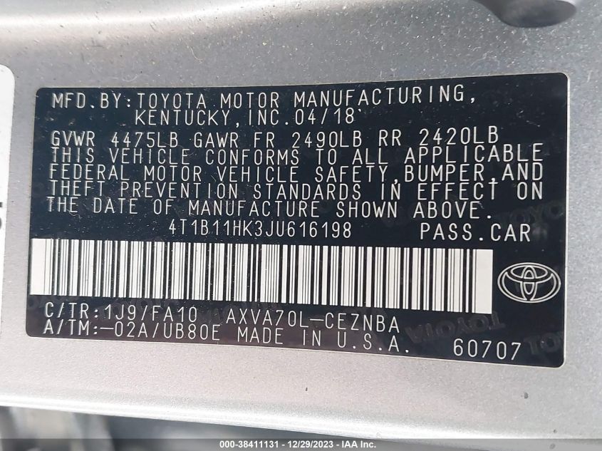 2018 TOYOTA CAMRY LE - 4T1B11HK3JU616198