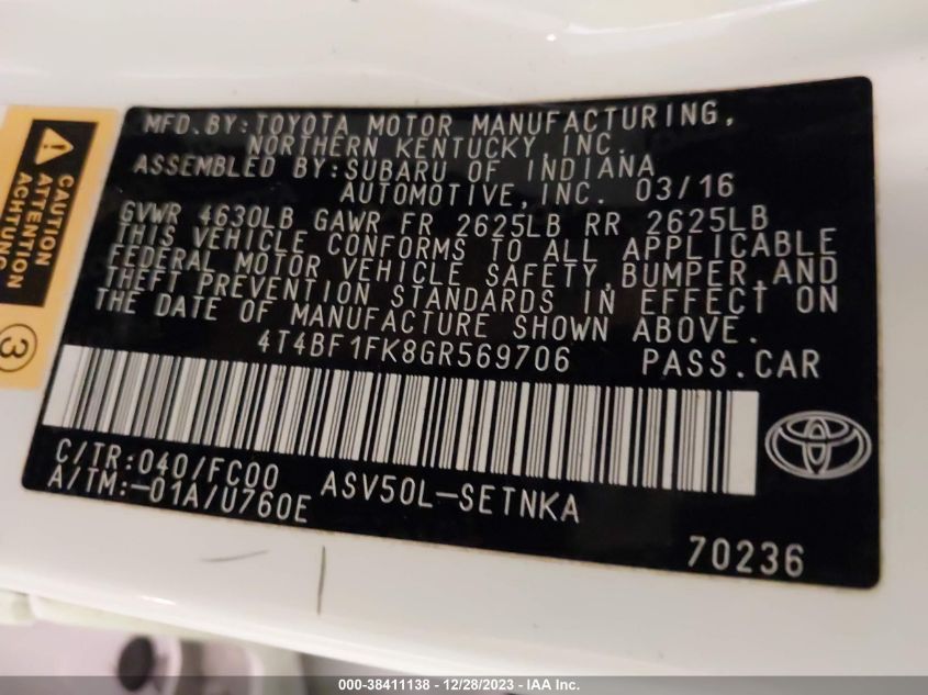 2016 TOYOTA CAMRY LE/XLE/SE/XSE - 4T4BF1FK8GR569706