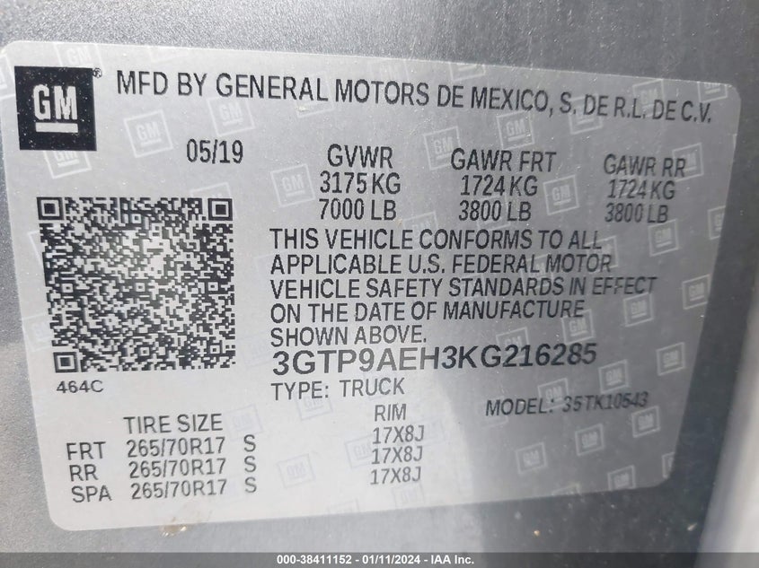 VIN 3GTP9AEH3KG216285 2019 GMC SIERRA 1500