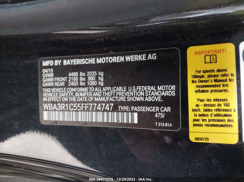 2015 BMW 435I WBA3R1C55FF774747