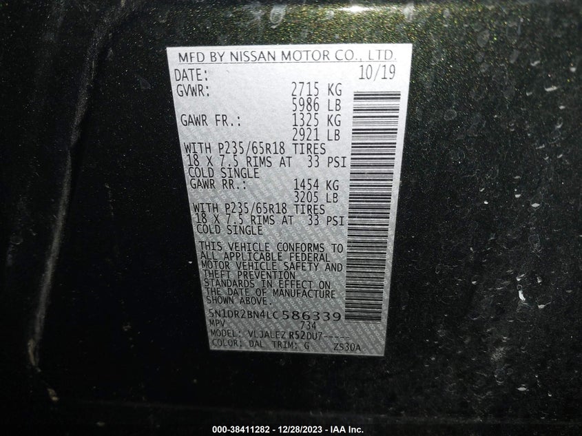 VIN 5N1DR2BN4LC586339 2020 NISSAN PATHFINDER SV