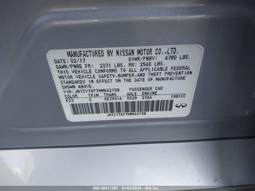 VIN JN1CV7AP7HM642158 2017 INFINITI Q50 PREMIUM