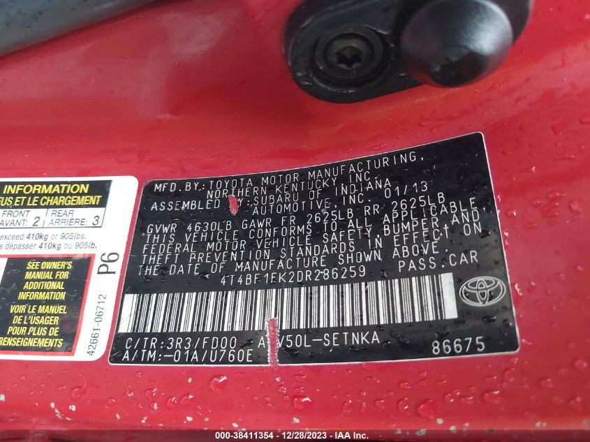 2013 TOYOTA CAMRY L/SE/LE/XLE - 4T4BF1FK2DR286259