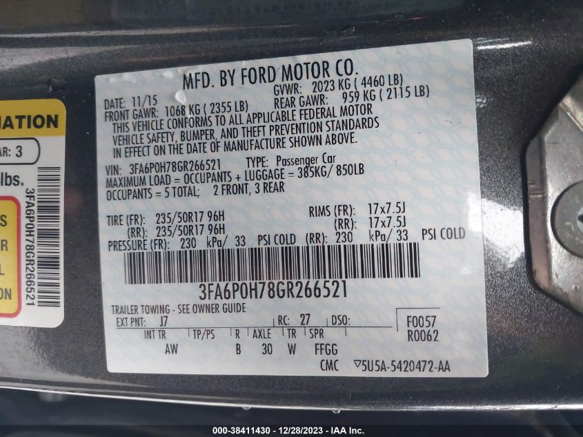 2016 FORD FUSION SE - 3FA6P0H78GR266521