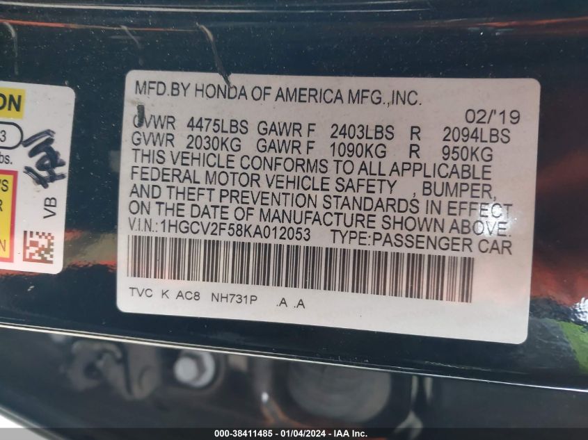 2019 HONDA ACCORD EXL - 1HGCV2F58KA012053