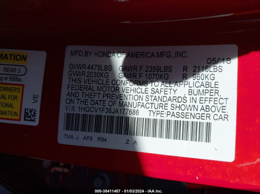2018 HONDA ACCORD SPORT - 1HGCV1F36JA177686