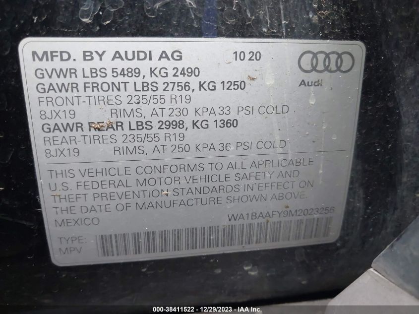 VIN WA1BAAFY9M2023256 2021 AUDI Q5 PREMIUM PLUS
