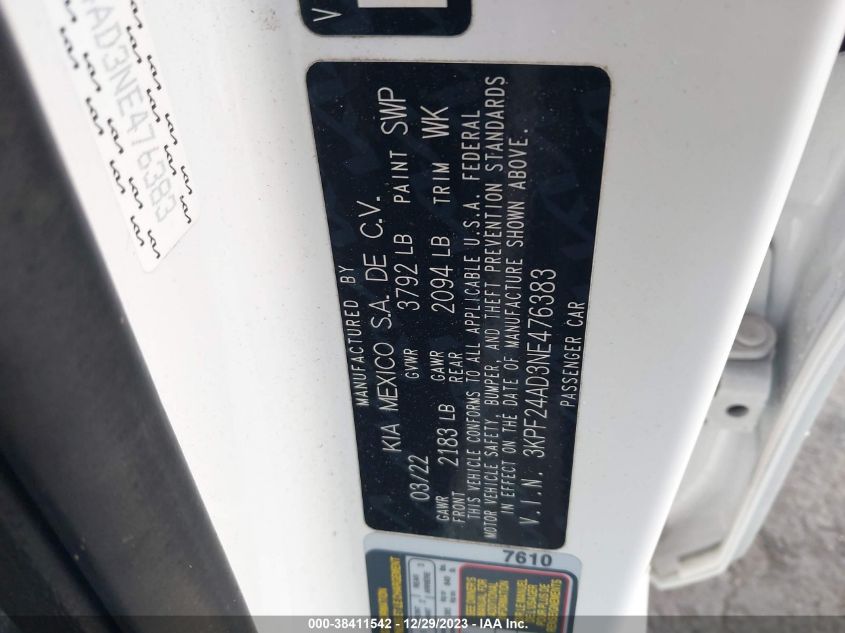 2022 KIA FORTE FE/LXS - 3KPF24AD3NE476383