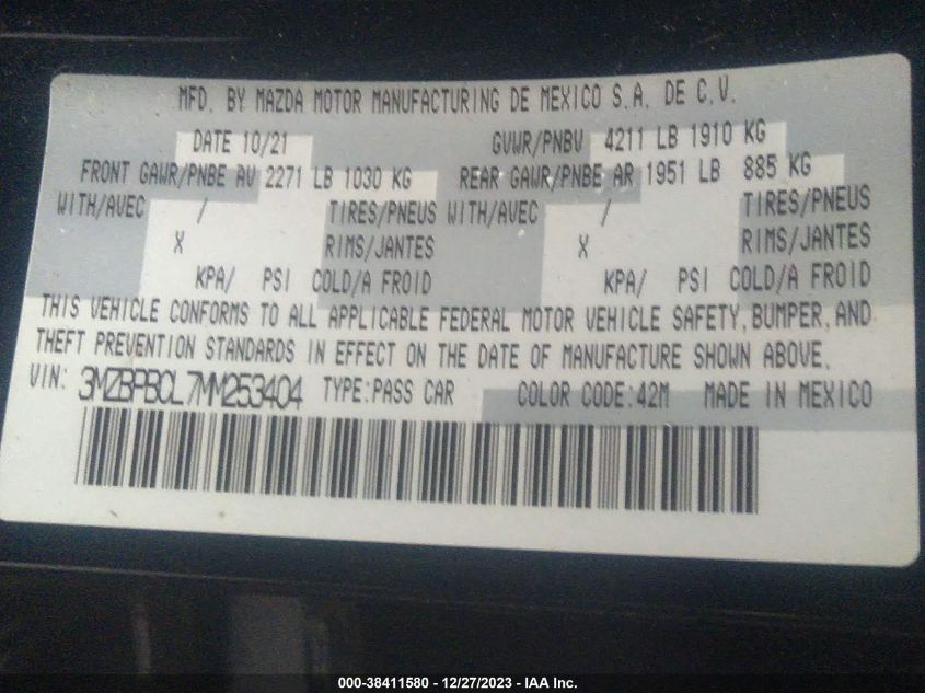 2021 MAZDA MAZDA3 SEDAN PREFERRED 3MZBPBCL7MM253404