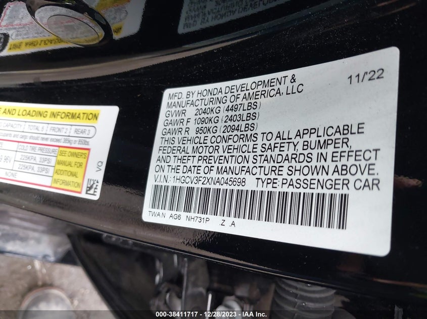 VIN 1HGCV3F2XNA045698 2022 HONDA ACCORD HYBRID SPORT