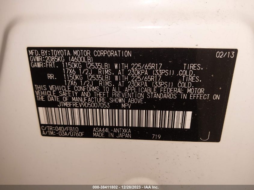 2013 TOYOTA RAV4 LE - JTMBFREV9D5007053