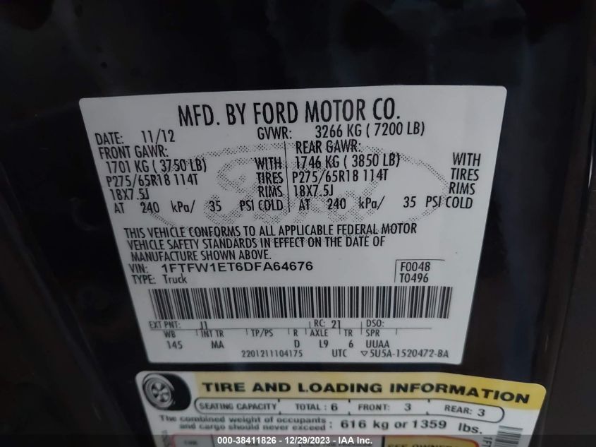 2013 FORD F-150 XLT - 1FTFW1ET6DFA64676