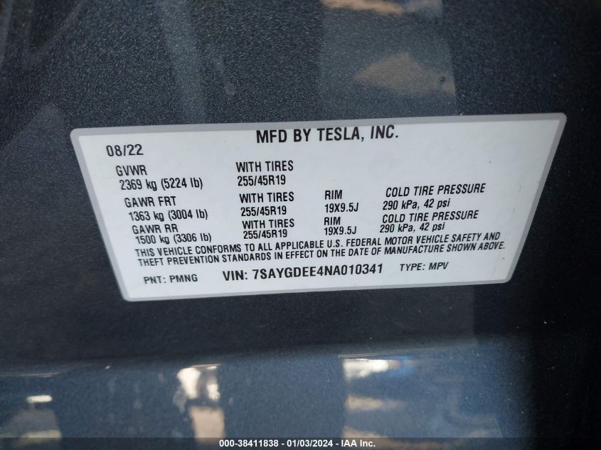 2022 TESLA MODEL Y LONG RANGE DUAL MOTOR ALL-WHEEL DRIVE - 7SAYGDEE4NA010341