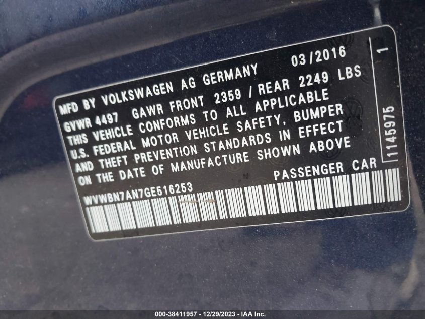 2016 VOLKSWAGEN CC SPORT/R-LINE - WVWBN7AN7GE516253
