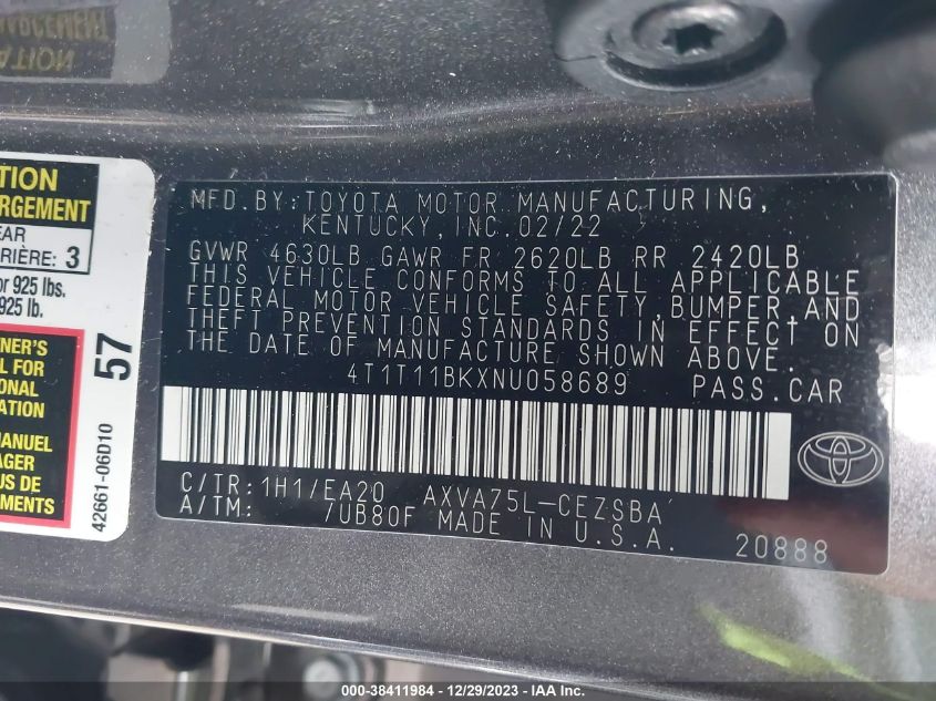 2022 TOYOTA CAMRY SE/SE NIGHT SHADE - 4T1T11BKXNU058689