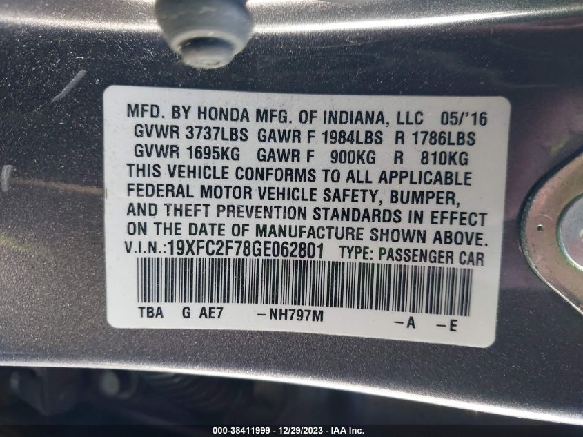 2016 HONDA CIVIC EX - 19XFC2F78GE062801