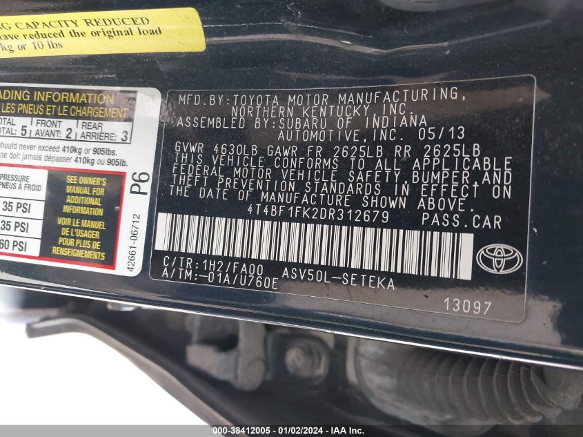 2013 TOYOTA CAMRY L/SE/LE/XLE - 4T4BF1FK2DR312679