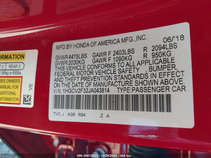 2018 HONDA ACCORD SPORT 2.0T - 1HGCV2F32JA043814