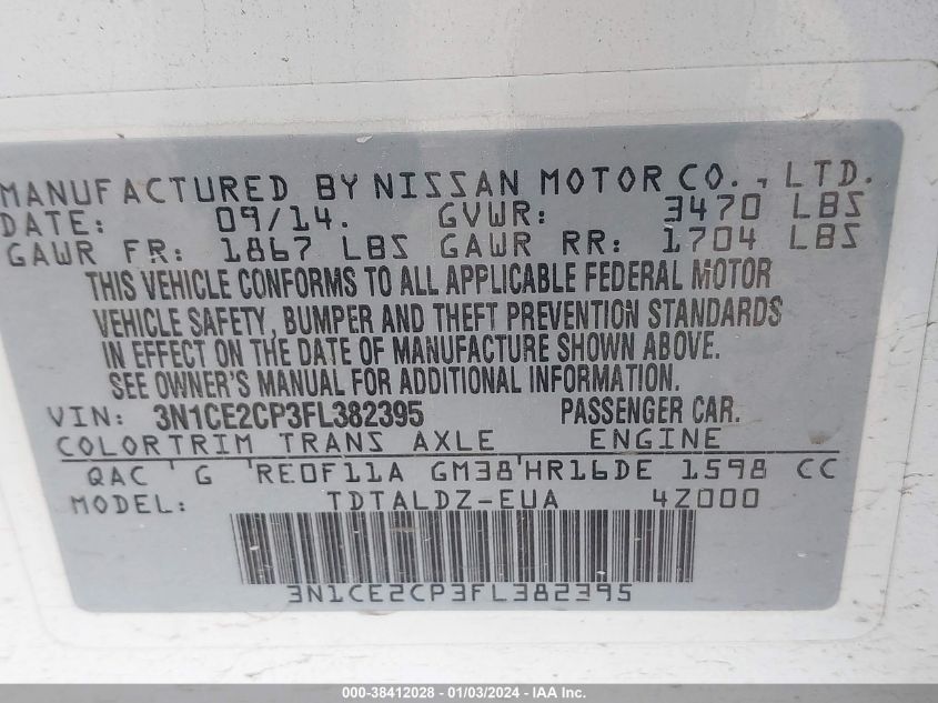 2015 NISSAN VERSA NOTE S/S PLUS/SV/SL/SR - 3N1CE2CP3FL382395