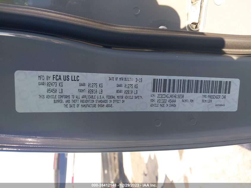 2019 DODGE CHARGER VIN: 2C3CDXGJ4KH619230