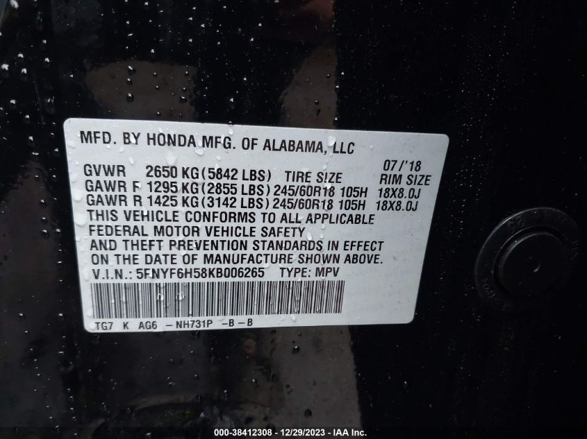 2019 HONDA PILOT EX-L - 5FNYF6H58KB006265