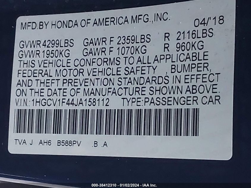 2018 HONDA ACCORD EX - 1HGCV1F44JA158112