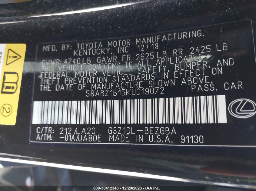 2019 LEXUS ES 350 - 58ABZ1B15KU019072