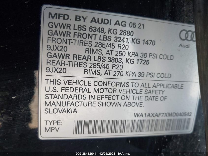 2021 AUDI Q7 PREMIUM - WA1AXAF7XMD040542