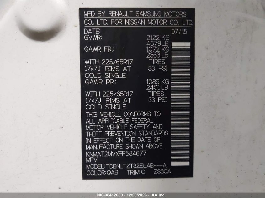 2015 NISSAN ROGUE SV - KNMAT2MVXFP584677