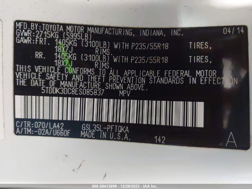 2014 TOYOTA SIENNA LTD - 5TDDK3DC8ES085837