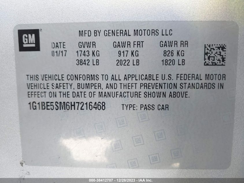 2017 CHEVROLET CRUZE LT AUTO - 1G1BE5SM6H7216468
