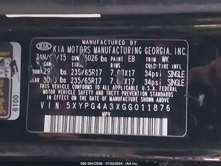 2016 KIA SORENTO 2.4L L - 5XYPG4A3XGG011876