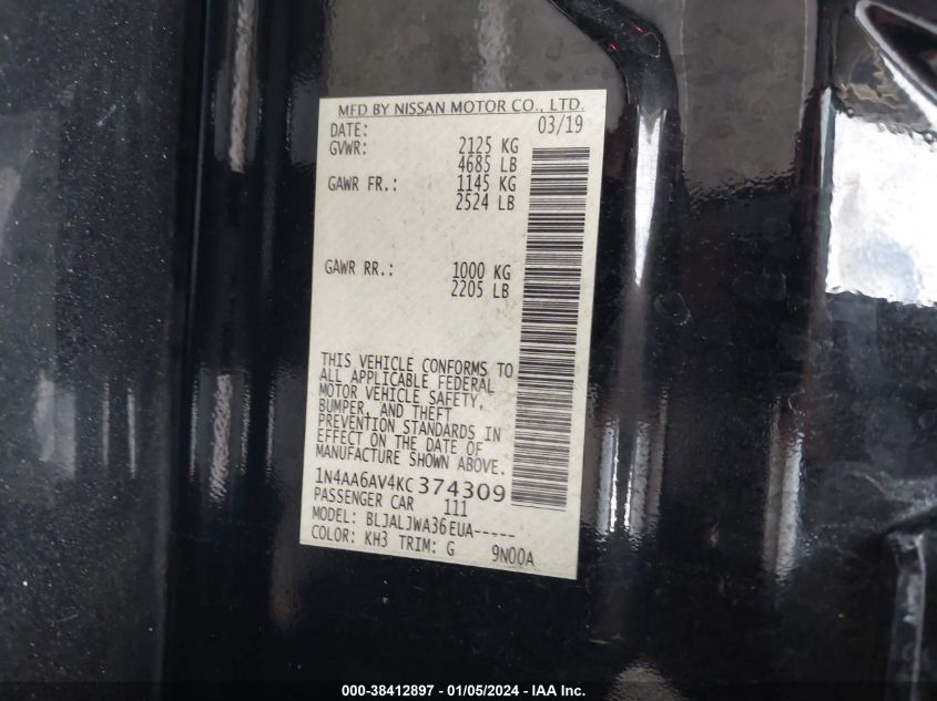 2019 NISSAN MAXIMA S/SL/SR/SV/PLATINUM - 1N4AA6AV4KC374309